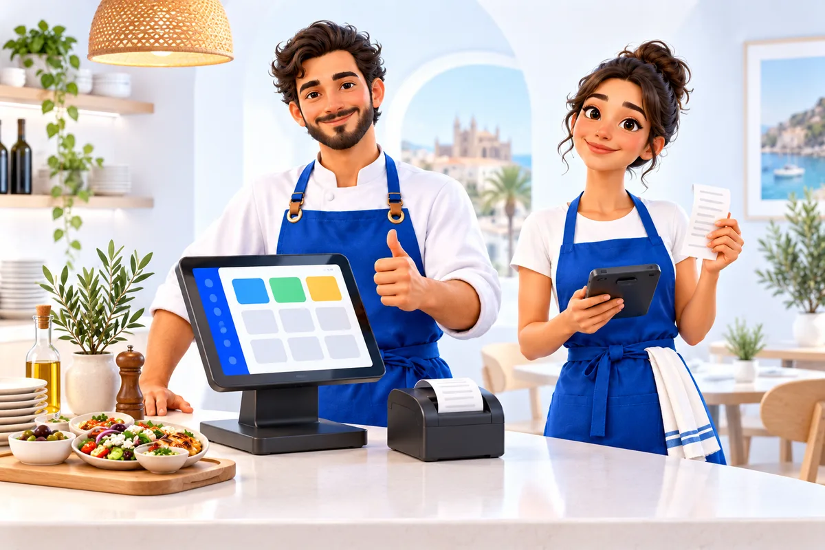 Il·lustració d’un equip de restaurant amb TPV i comander