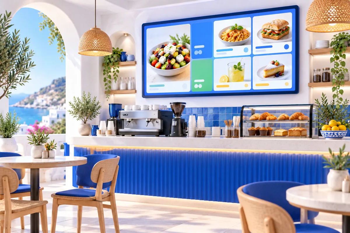 Pantalla de cartelleria digital en una cafeteria