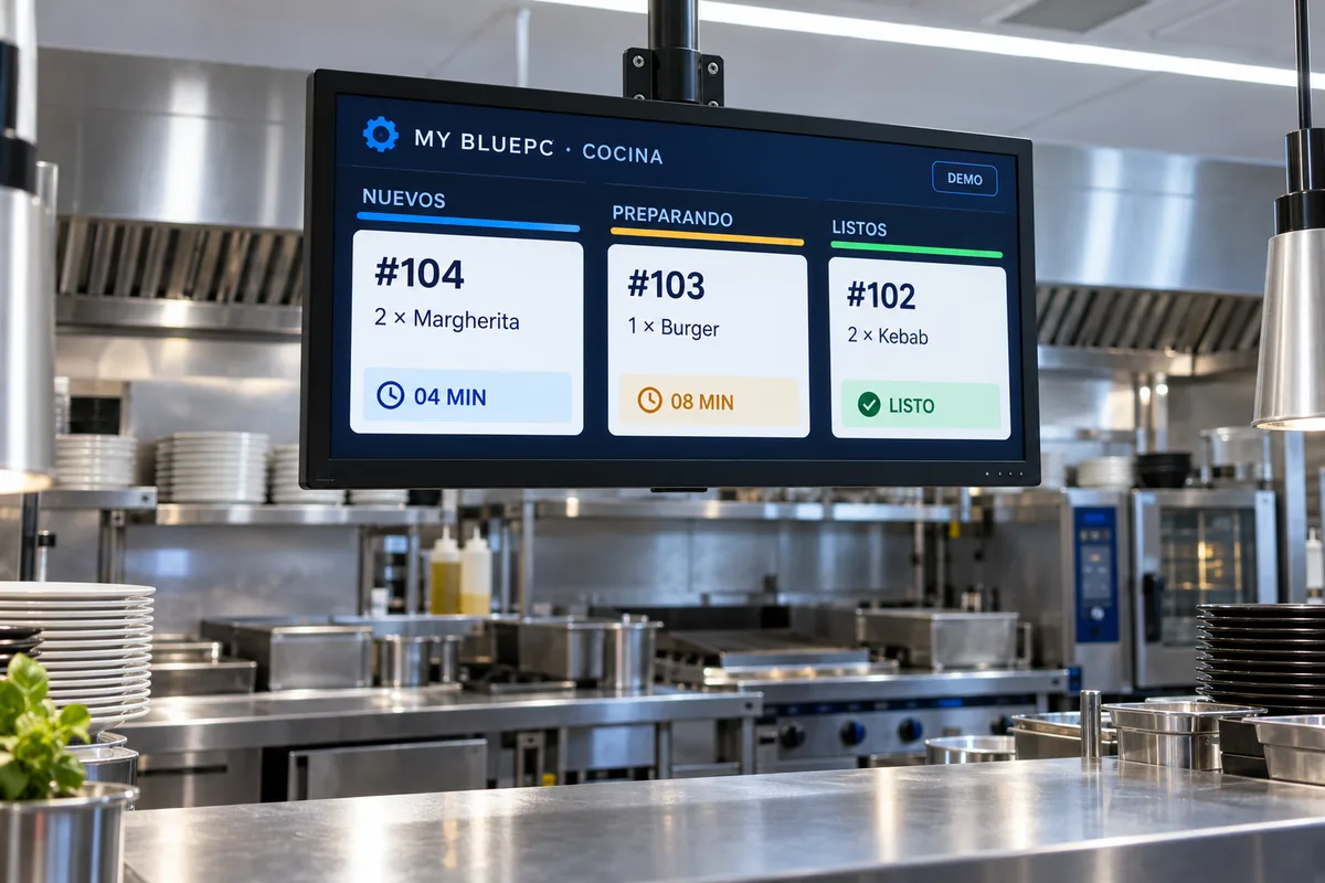 Ilustración de una cocina profesional con monitor suspendido MY BLUEPC que muestra pedidos y tiempos