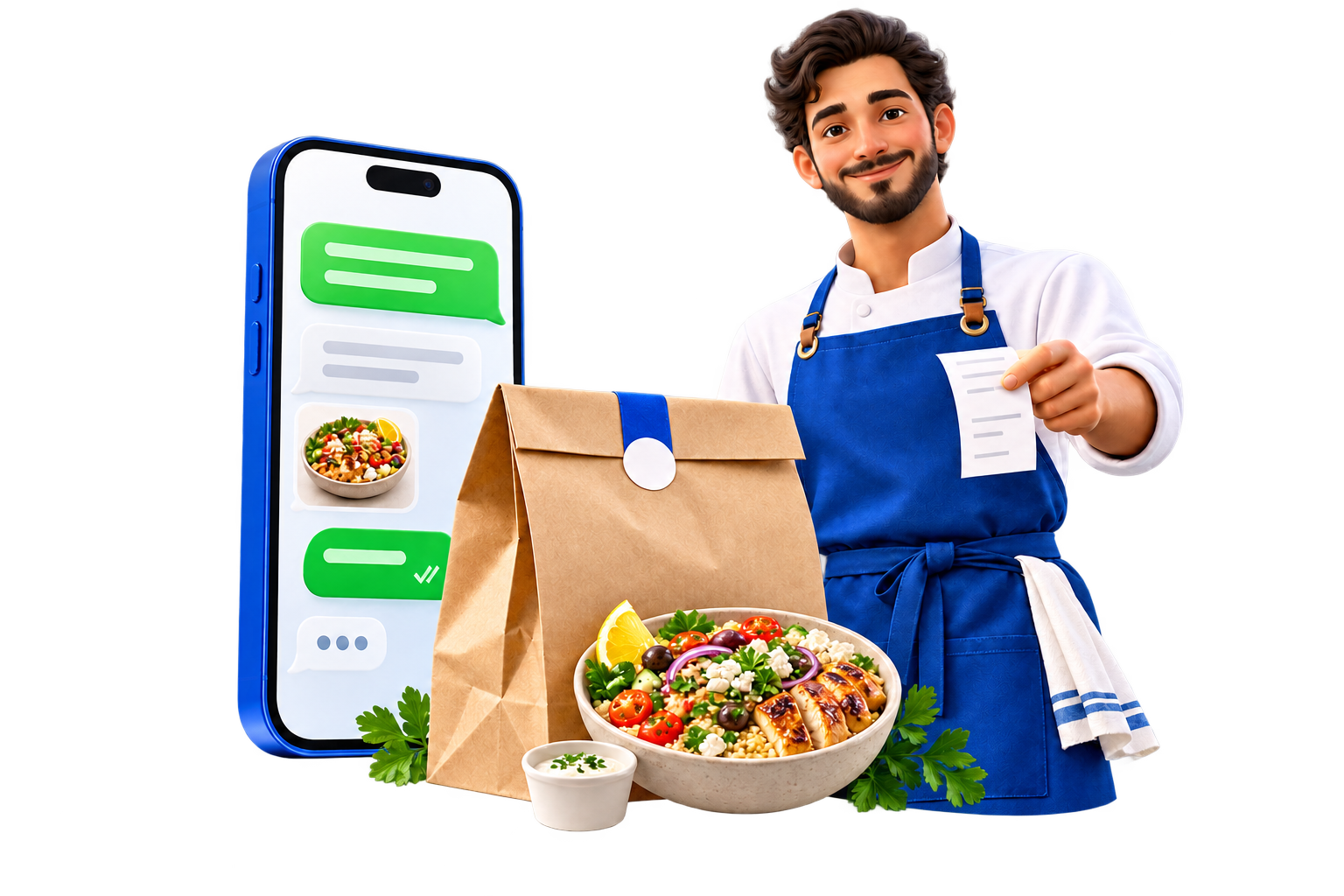 Il·lustració de comandes per WhatsApp per a restaurants amb MY BLUEPC Order
